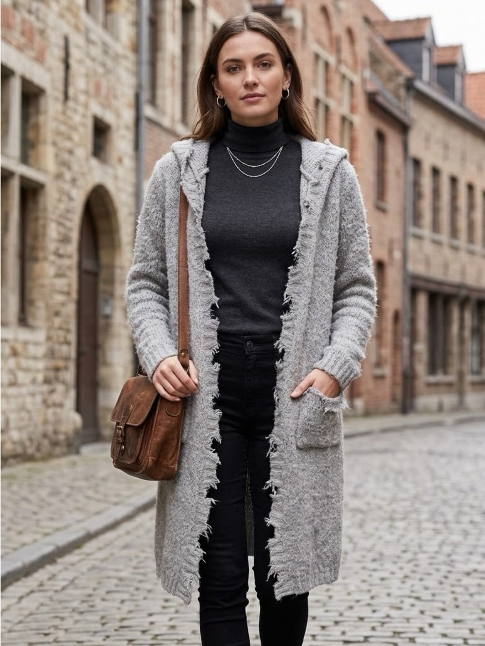 POL Soft & Cozy Distressed Hooded Cardigan Sweater With Pockets